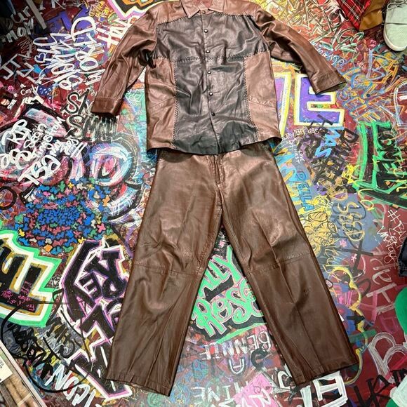 Vintage 80s Prestige Leather Jacket & Pants Set – Two-Tone Western Biker, XL/36 - Picture 16 of 16